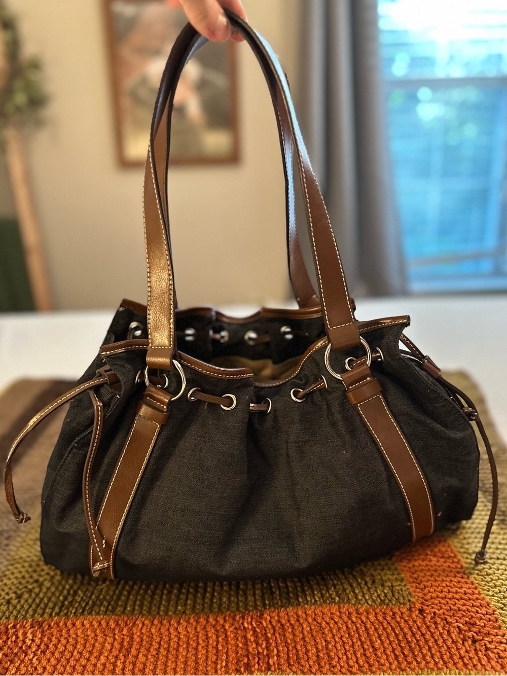 VTG Y2K Ann Taylor LOFT Slouchy Dark Gray Bucket Drawstring Hobo Shoulder Bag